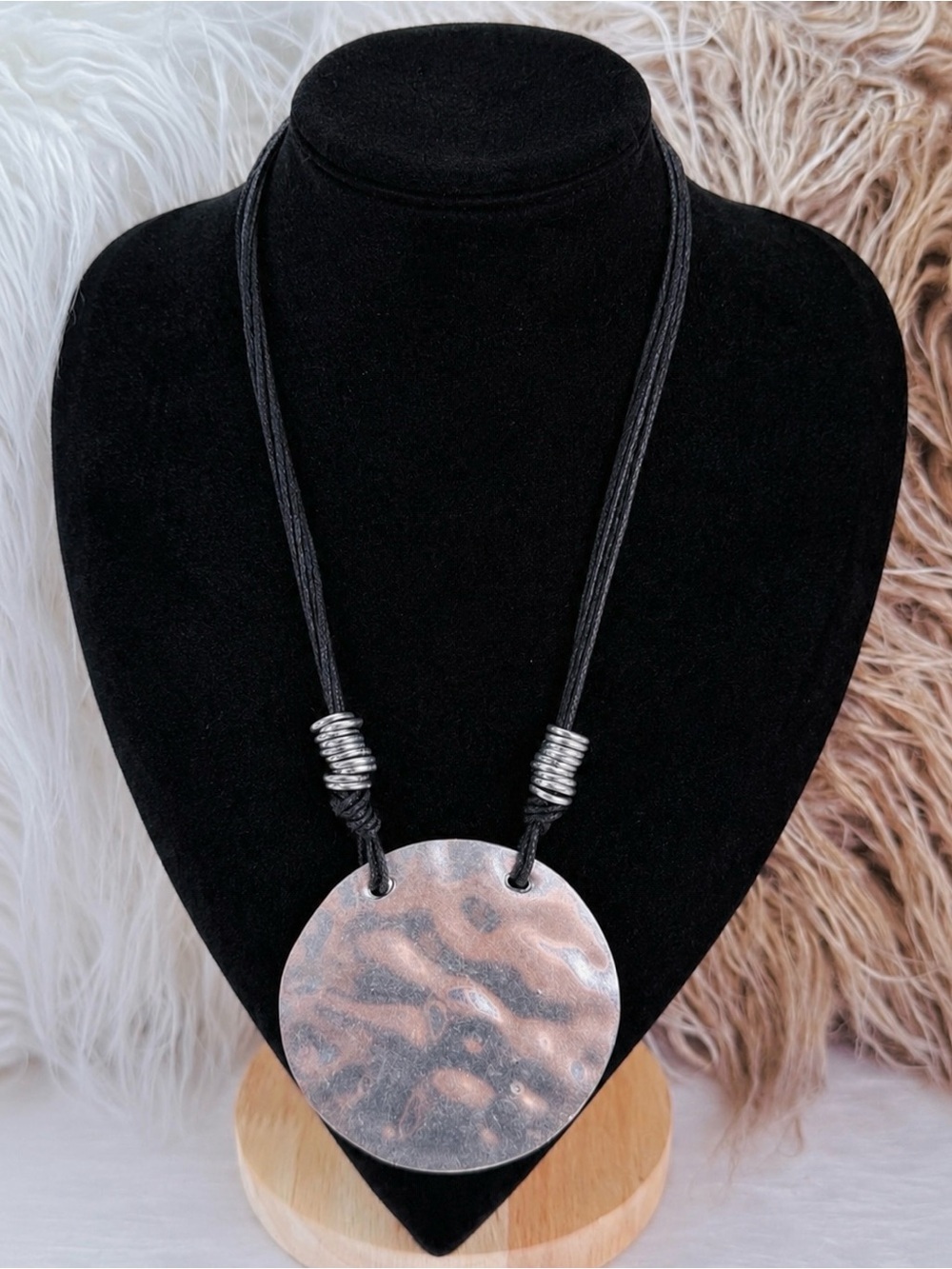 Vintage aged, Silvertone hammered disc, large pendant, necklace on Black Cord